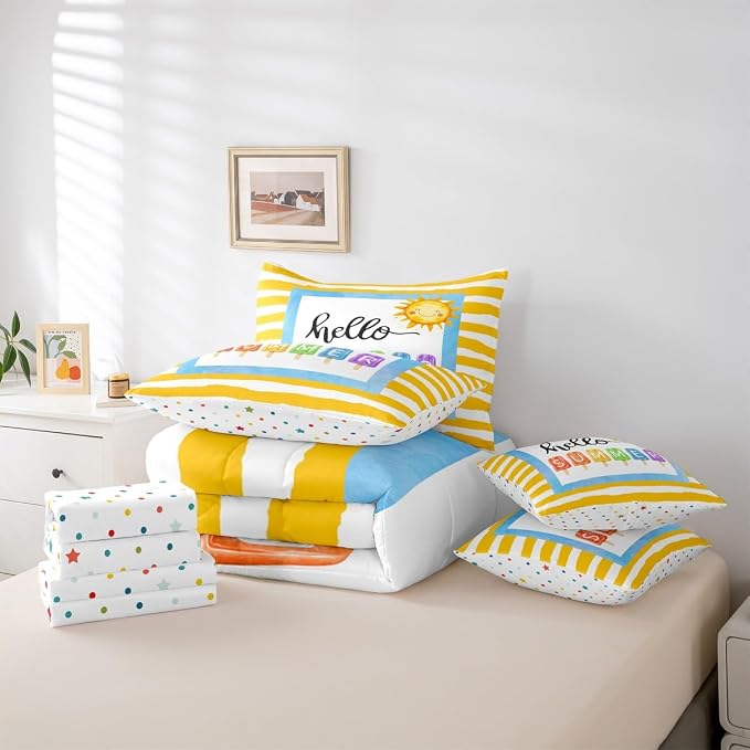 Erosebridal Kids Summer Beach King Size Comforter Set with Sheets, Yellow Stripes Bed in A Bag for Girls Boys Teens Women Men, Funny Geometric 7 Pieces Bedding Set, Sun Ice Cream Popsicle Bed Sets - Image 5