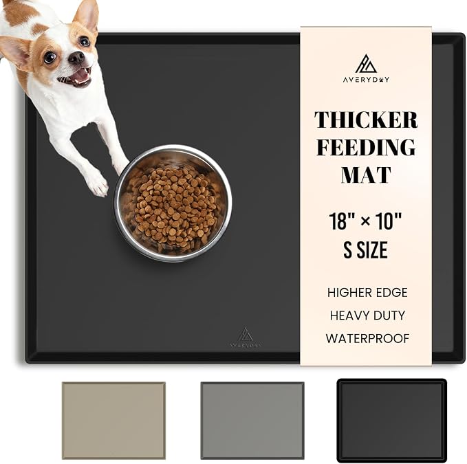 AVERYDAY 100% Waterproof Thicker Silicone Dog Food Mat, 0.63'' Raised Edge Bowl Mat for Food & Water, Non Slip Pet Feeding Placemat for Messy Drinkers, Perfect for Large Medium Small Breeds, 18"x10" by YourAveryDay