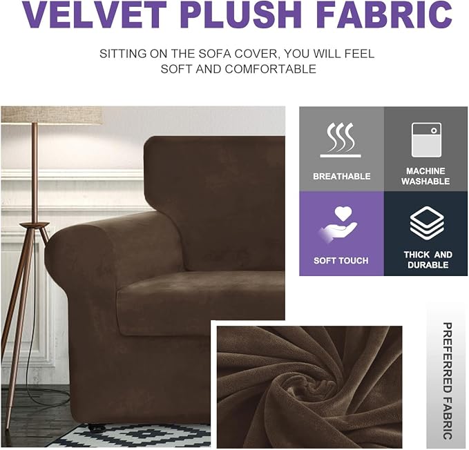 ZNSAYOTX Luxury Velvet Chair Slipcovers with Arms 2 Piece Stretch Chair Covers for Living Room Thick Soft Armchair Slipcover Anti Slip Pet Friendly Furniture Protector (Dark Coffee),30"-47"(1 Cushion) - Image 3