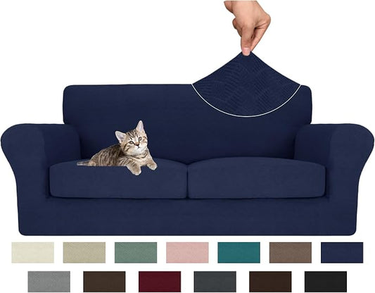 MAXIJIN 3 Piece Couch Covers for 2 Cushion Couch Sofa Cover, Stretch Loveseat Sofa Slipcovers for Sofas with 2 Large Cushions, Thick Dogs Pet Furniture Covers (71"-91", Navy Blue) by MAXIJIN