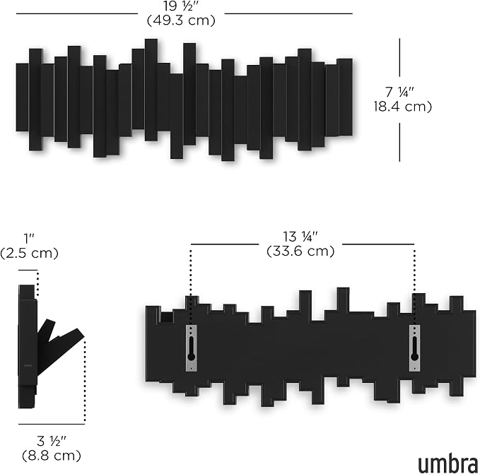 Umbra Sticks Wall Mount Coat Rack, 5 Hook Retractable Pegs, Black | Mounting hardware included, sculptural modern design, entryway or bedroom use, recycled plastic - Image 3