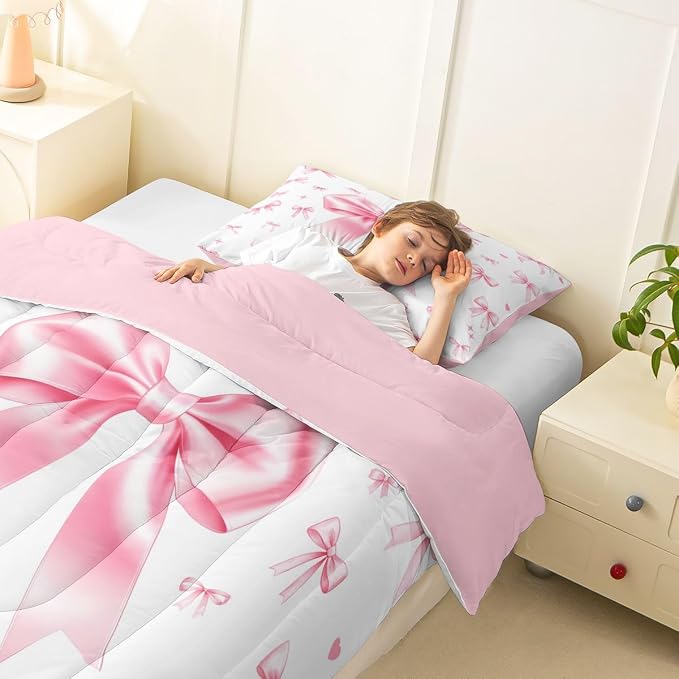 Manfei Pink Bow Twin Size Comforter Set for All Seasons,Cute Bowknot Princess Bedding Set Teens Bedroom Decor,Aesthetic Ribbon Bow Tie Comforter Inner Fill with 1 Pillowcase - Image 5
