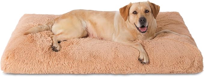 Bedfolks Waterproof Crate Bed, Plush Dog Kennel Pad with Removable Washable Cover, Faux Fur, Fluffy, 41"x27", Solid Camel by Bedfolks