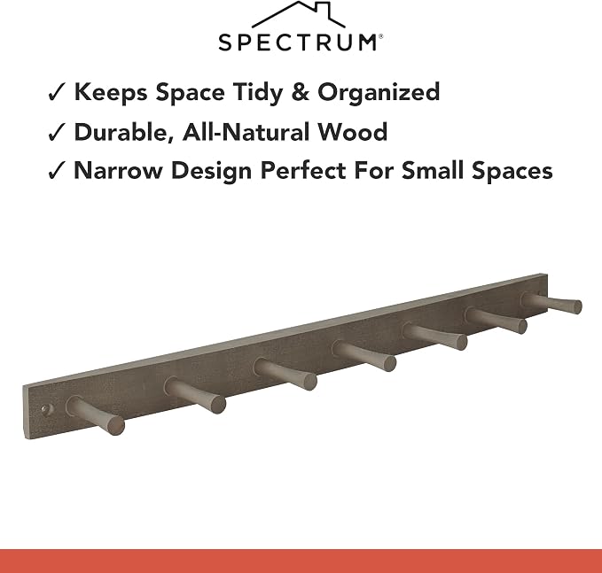 Spectrum Wall Mount 7 Peg Coat Rack Large Mounted Wooden Pegs Rail for Hanging Coats Bags Jackets Clothes Purses Backpack, Easy Install Heavy Duty Hanger Rack Mount for Closet Entryway Bedroom, Greige - Image 3