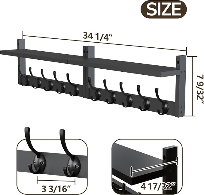 AMBIRD 34.2" Extra Long Wooden Wall Hook Rack with Shelf - Versatile and Decorative Wall-Mounted Storage with 10 Hooks for Coats, Hats, Keys - Ideal for Entryways, Bedrooms, Closets (Stylish Black) - Image 6