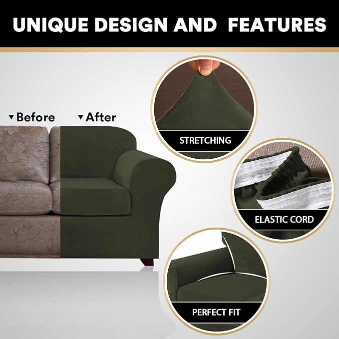 PrinceDeco Velvet Plush Couch Cover Stretch 2 Piece Chair Cover Chair Slipcover Washable Furniture Protector Couch Soft with Elastic Bottom Armchair Cover Width Up to 49 Inch(Small, Olive) - Image 3