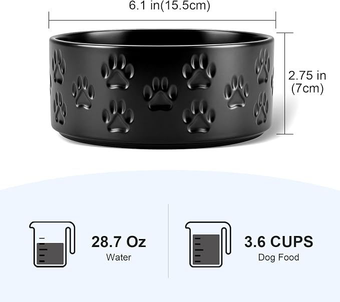 SPUNKYJUNKY Ceramic Dog and Cat Bowls 2 Pack, 6.1'' Dog and Cat Food Water Double Feeding Bowls Non-Slip for Large Sized Breed Microwave Dishwasher Safe - 28.7 OZ, 2pcs, Paw Black - Image 2
