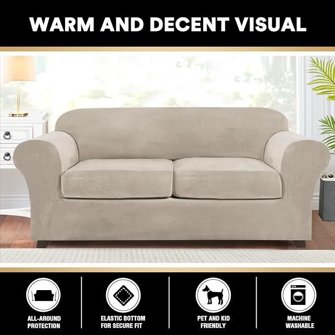 PrinceDeco Couch Cover Velvet Plush Sofa Covers for 2 Cushion Couch Width Up to 90 Inch Washable Furniture Protector Pet Friendly No Slip Sofa Slipcover(Medium-Large, French Oak) - Image 6