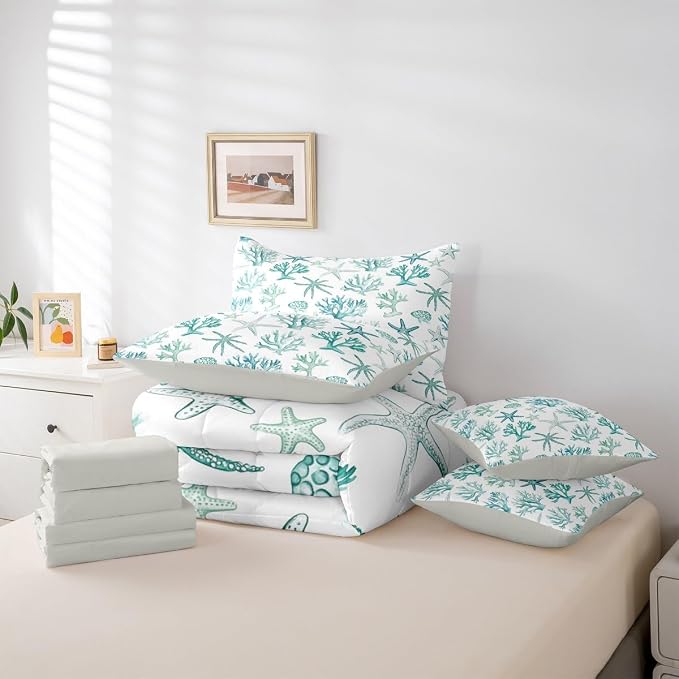 Erosebridal Shell Coral Starfish Comforter Set with Sheets, Summer Coastal King Bed in A Bag, Beach Nautical 7-Piece Bedding Set for Kids Boys Girls Teens Adults Bedroom Decor, Ocean Life Bed Sets - Image 5