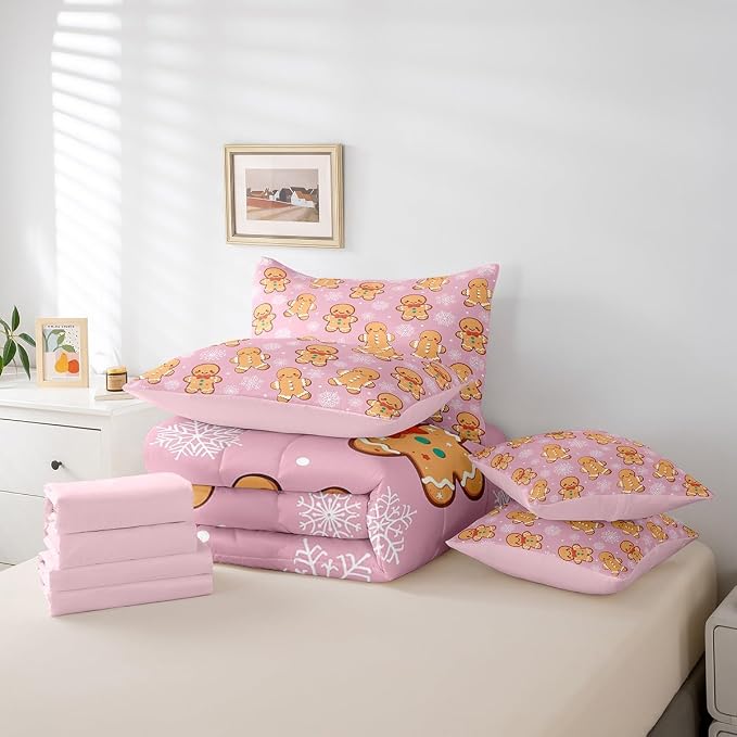 Erosebridal Christmas Gingerbread King Bedding Set 7 Piece,Cute Gingerbread Man Bed in A Bag,Xmas Snowflake Comforter Set Girls Sheet Set with Comforter,Pink Christmas Decoration - Image 6