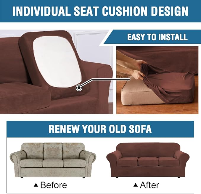 H.VERSAILTEX Real Velvet Plush 3 Piece Stretch Sofa Covers Couch Covers for 2 Cushion Couch Sofa Slipcovers Width Up to 90 Inch Feature Thick Soft Stay in Place (Sofa, Burnt Brick) - Image 6
