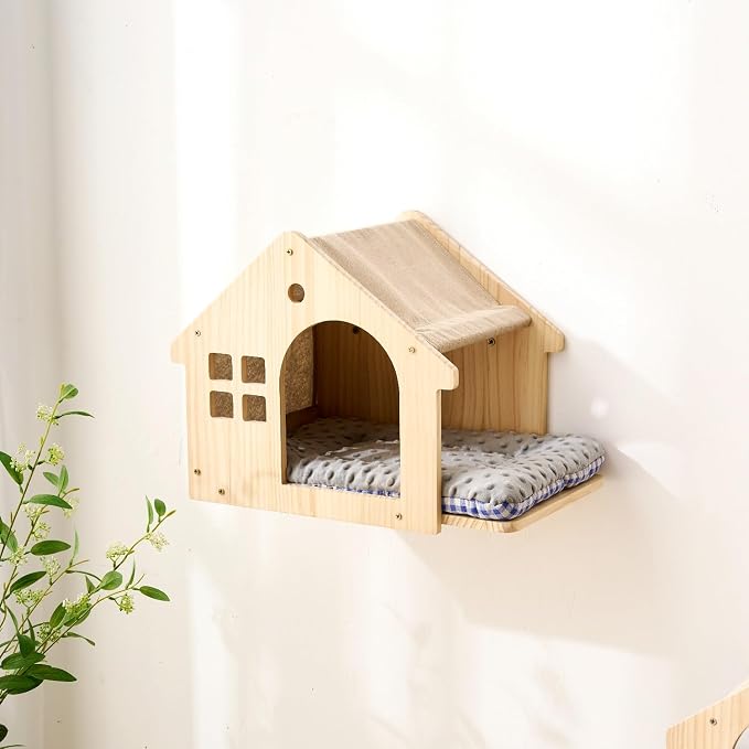 SHENGOCASE Natural Wood Cat Wall Shelves Bed, 2-Pack, Wall-Mounted Box Condo House Perch, Cat Condo Furniture with Washable Pillow Cushions - Image 8