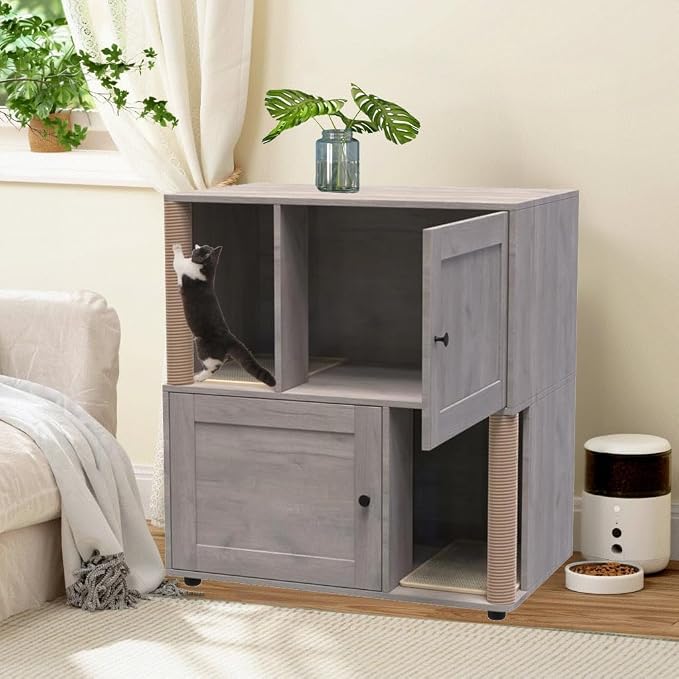 Garvee Cat Litter Box Enclosure for 2 Cats, Double Hidden Litter Box Furniture Cabinet with 2 Scratch Mat and Scratch Post, Modern Farmhouse Wooden Enclosed Cat Washroom, End Side Table - Image 8