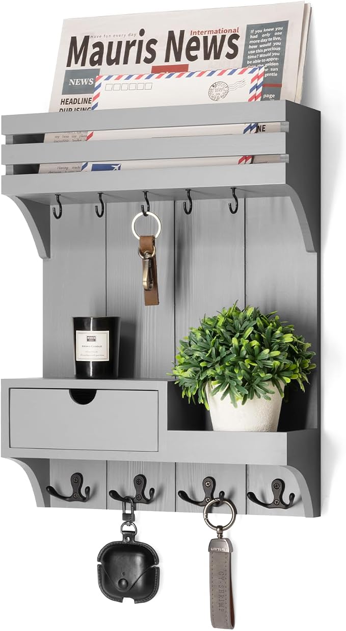 Rebee Vision Key Holder Wall Mount with Drawer & Shelf for Entryway, Gray | Key Holder for Wall, 9 Key Hooks, Floating Shelf, Drawer Organizer, Mail Organizer, Trendy Home Decor, Room Decor Aesthetic by REBEEVISION