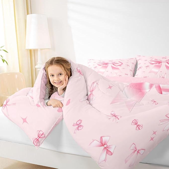 Manfei Pink Bowknot Boys Kids Comforter Set Full Size,Cute Ribbon Bow Tie Duvet Set Room Decor,Preppy Trendy Kawaii Princess Brushed Microfiber Soft Bedding Comforter 3 Pcs - Image 4