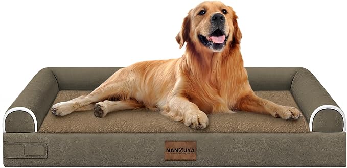 NANUYA Orthopedic Dog Bed for X-Large Dogs, 40 x 32 Inch, Brown | Egg crate foam for joint support, 3-sided bolster pet sofa, waterproof lining, washable cover, and non-skid base by Nanuya