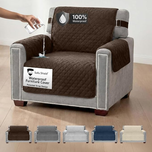 Sofa Shield 100% Waterproof Couch Cover with Patented Straps, Slip & Stain Resistant Furniture Protector, Machine Washable Sofa Slipcover for Dogs Cats Pets Kids, 23 inch Seat, Armchair, Brown by SofaShield