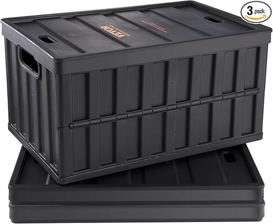 VEVOR 65L Collapsible Storage Bins with Lids 3 Packs, Stackable Utility Crates with Handles, Large Folding Containers for Organizing Tools, Books, Food, Drinks, Camping&Transport by VEVOR