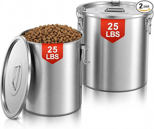 FOHERE 2 PACK Stainless Steel Dog Food Storage Container, 25/30LBS Airtight Moisture-Proof Dog Food Bin with Locking Lid, Keep Kibble Fresh for Dogs Cats, Home Kitchen Garage Use, Easy to Clean by HOME