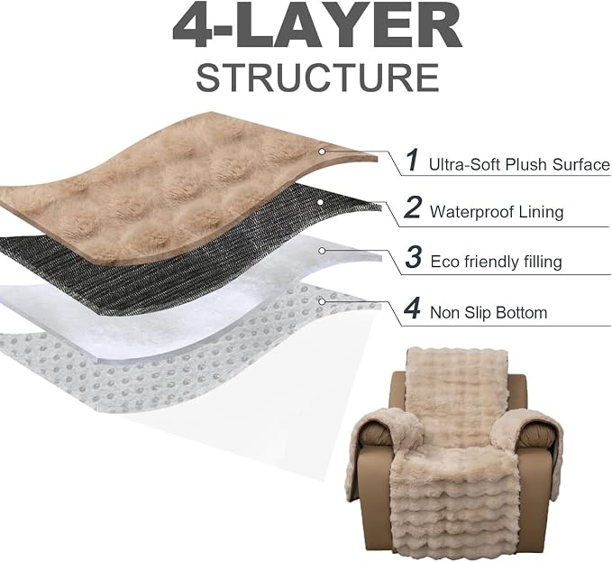 Plush and Fuzzy Shaggy Couch Cover, Dog Pad Faux Fur Sofa Cover, Water Resistant Slipcover, Non-Slip Furniture Protector for Kids,Dogs,Cats.(Light Brown-Bubble, Medium Recliner) - Image 4