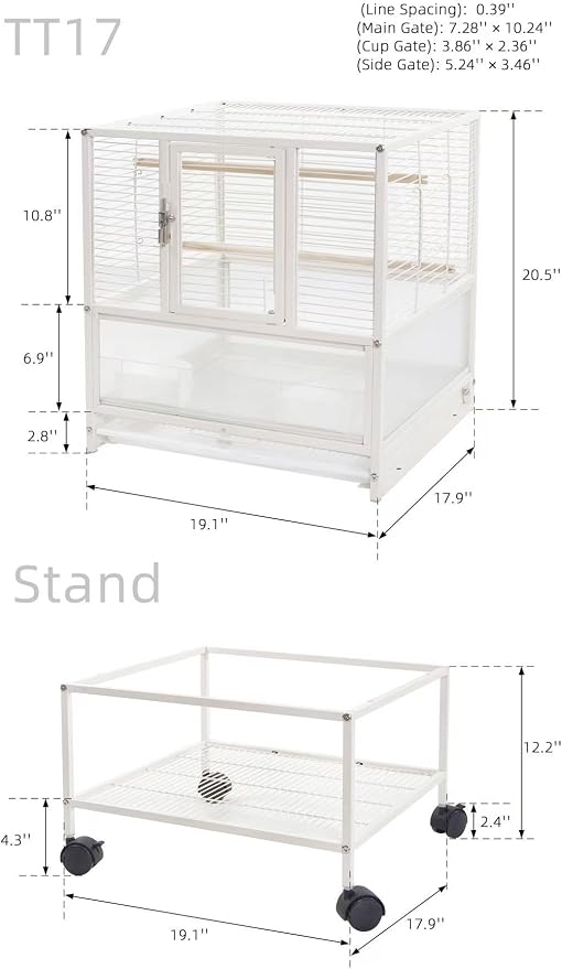 Stackable Breeding Bird Cage with Splash-Proof Baffle, Rolling Stand with Wheels, for Aviaries, Canaries, Cockatiels, Lovebirds, Finches, Budgies, Small Parrots, White. (3F) - Image 4