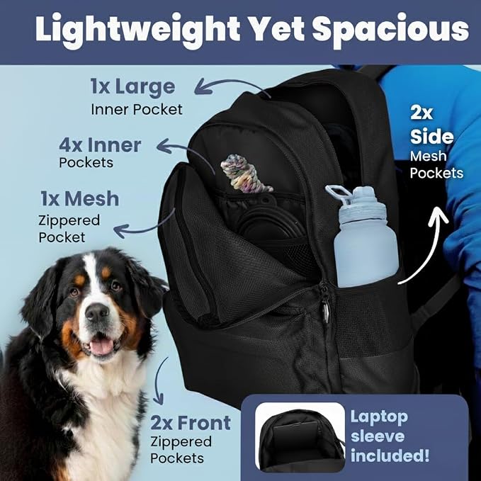 Rubyloo Dog Travel Backpack for Supplies - Dog Diaper Bag with Travel Bowls | 2 BPA-Free Bowls; Food Container & Treat Pouch; Placemat; Laptop Sleeve; Poop Bag Dispenser, Hiking, Camping & Road Trips, - Image 5