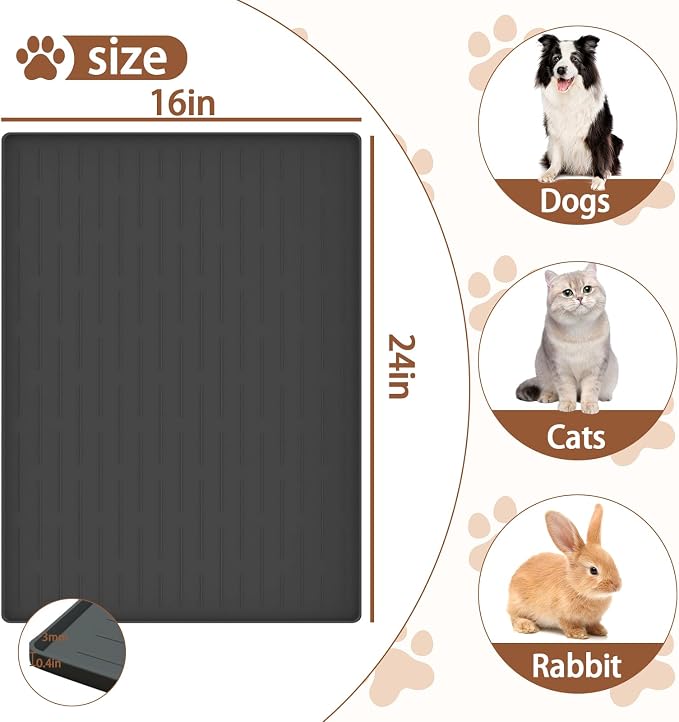 24"x16" Large Dog Food Mat, Silicone Dog and Cat Mats for Food and Water Bowls, Waterproof Raised Edge Pet Feeding Mat for Contain Spills Protects Floors, Multiple Colors & Sizes for Pets, Dark Gray - Image 2