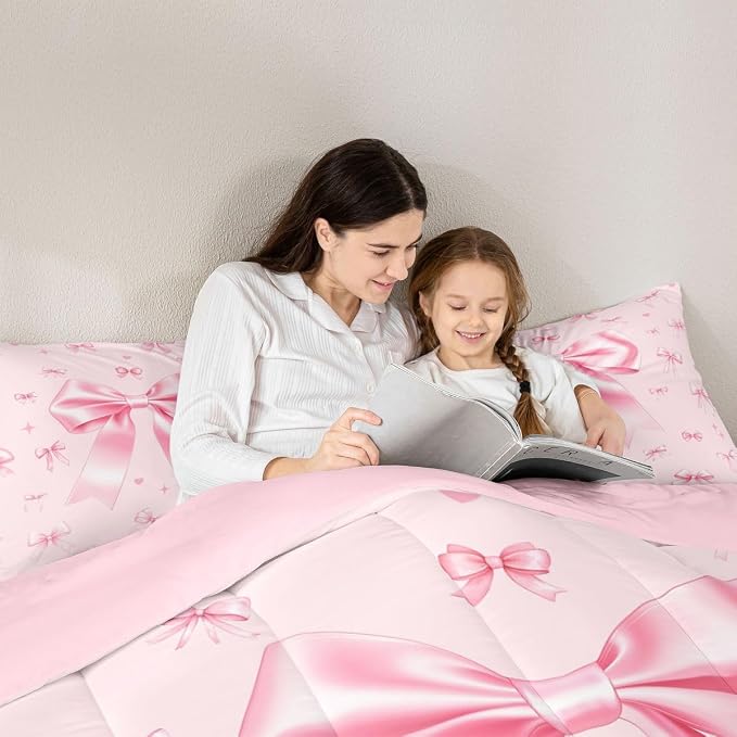 Manfei Pink Bowknot Boys Kids Comforter Set Full Size,Cute Ribbon Bow Tie Duvet Set Room Decor,Preppy Trendy Kawaii Princess Brushed Microfiber Soft Bedding Comforter 3 Pcs - Image 5