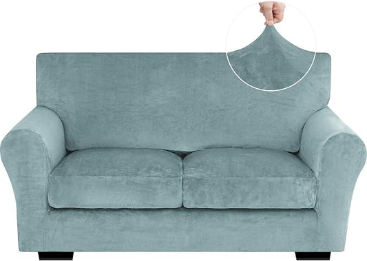 XINEAGE 3-Piece Velvet Loveseat Sofa Cover, Couch Covers for Dog,Gray Blue | 2 Cushion Loveseat,Stretch Non-slip Elastic, Pet-friendly, Washable, Fast Setup, Soft Plush Fabric, Furniture Protector. by XINEAGE