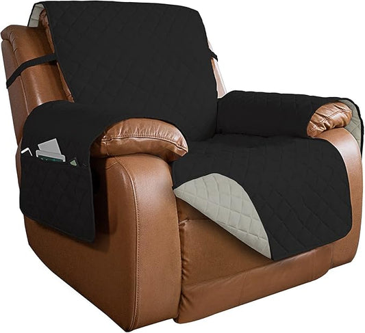 PureFit Reversible Quilted Oversized Recliner Sofa Cover, Water Resistant Furniture Protector, Washable Couch Cover with Elastic Straps for Kids, Dogs, Pets (Large, Black/Beige) | Black/Beige, Water Resistant Couch Protector, Washable Pet Couch Cover w... by PureFit