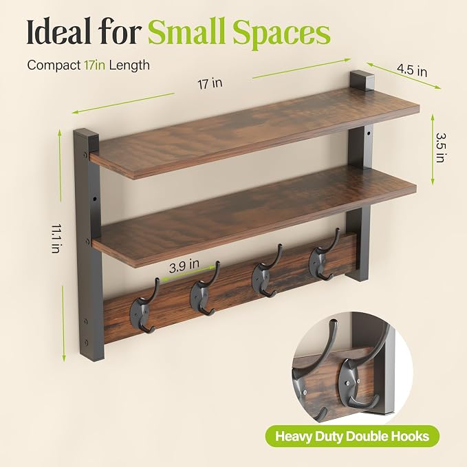 Two-Tier Wall Shelf with Hooks, 17" Coat Rack Wall Mount with Shelf, Key Hooks for Wall with Heavy Duty Double Hooks, Coat Hook Wall Mounted for Bedroom, Living Room, Rustic Brown - Image 2