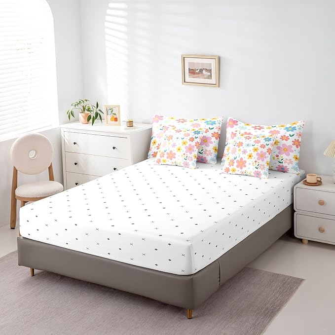 Feelyou Cute Flower 7 Piece Bedding Set Queen Size Kids Cartoon Cute Floral Bed in a Bag for Kids Girls Teens Toddler Yellow Pink Comforter Set with Sheets Kawaii Bed Set - Image 5