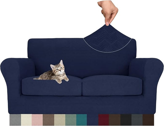MAXIJIN 3 Piece Couch Covers for 2 Cushion Couch loveseat Cover, Stretch Love Seat Sofa Slipcovers for Dogs Pet, Thick Furniture Protector with 2 Seat Cushion (55"-69", Navy Blue) by MAXIJIN
