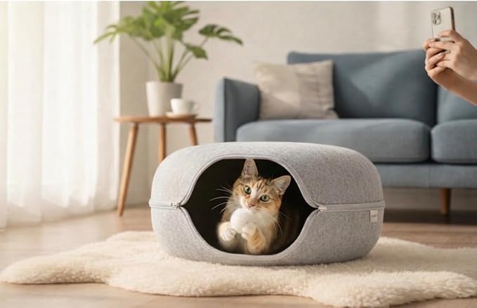 Cat Tunnel Bed - Comfort Bedz Large Donut Cave for Cats, Felt Enclosed Hideaway with Zipper, Top Perch, Interactive Toy, Washable Indoor Cat House - Image 7