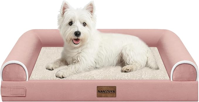 NANUYA Orthopedic Dog Bed for Medium Dogs, 28 x 19 Inch, Pink | Egg crate foam for joint support, 3-sided bolster pet sofa, waterproof lining, washable cover, and non-skid base by Nanuya