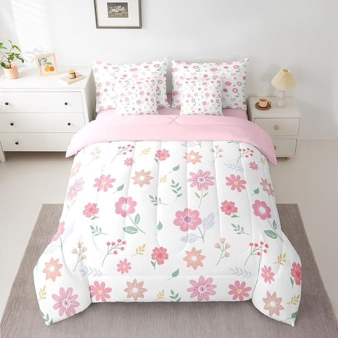 Feelyou Cute Flower 7 Piece Bedding Set Fresh Flower Floral Comforter Set with Sheets for Kids Boys Girls Nature Plants Bed in a Bag Pink Green Bed Set Soft Lightweight - Image 2