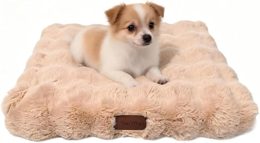 Orthopedic Dog Beds for Small Dogs, Fluffy Faux Rabbit Fur Pet Bed with Removable Washable Cover, Dog Bed Mat with Egg Crate Foam & Waterproof Lining, Anti Slip Bottom, Light Khaki,23"x18"x3" by VhenWhen