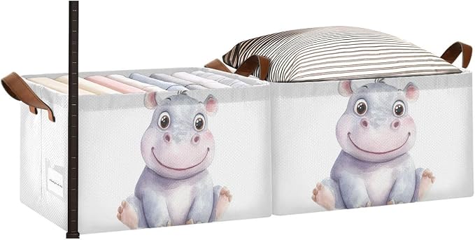 Cute Baby Hippopotamus Hippo Animal Storage Basket with Labels&Handles Rectangular Waterproof Nursery Storage Bins Collapsible Shelf Organizer Baskets for Kids Books Cloth Basket Toys Laundry, 2 PC - Image 2