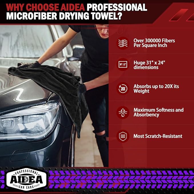 AIDEA Microfiber Towels for Cars-2PK, Large Professional Car Drying Towel, Scratch-Free & Absorbent Drying Towel for Cars, SUVs, RVs, Trucks, and Boats, 24inx 31in, Black - Image 2