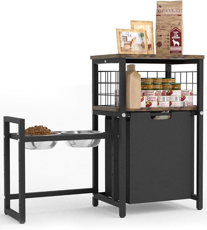 30.6Long x 26.2 High Elevated Dog Bowl Stand with Pet Food Storage Organizer, Adjustable Raised Feeding Station with Toy Basket for Large Medium Small Dogs and Cats, Black by Sungaryard