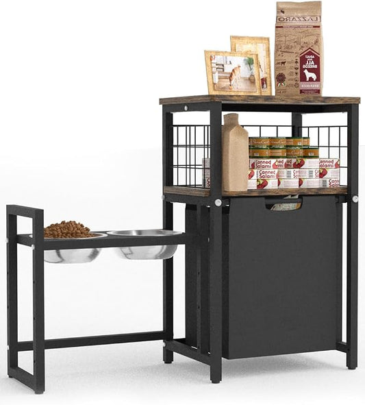 30.6Long x 26.2 High Elevated Dog Bowl Stand with Pet Food Storage Organizer, Adjustable Raised Feeding Station with Toy Basket for Large Medium Small Dogs and Cats, Black by Sungaryard