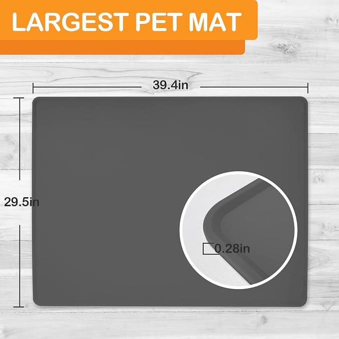 KVK Dog Water Mat 39.4×29.5in - Silicone Dog Mat for Food and Water Extra Large - Pet Food Mat for Floors Waterproof - Pet Feeding Mat Prevent Water Food Spills - Dark Grey - Image 2