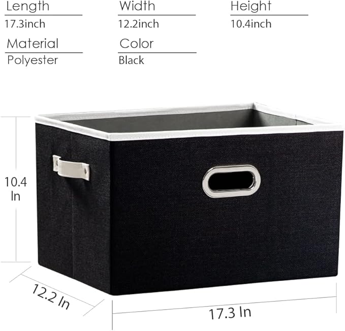 PRANDOM Larger Collapsible Storage Bins for Closet [5-pack] Decorative Linen Fabric Storage Baskets Cubes with Leather/Metal Handles for Living Room Black (17.3x12.2x10.4 Inch) - Image 5