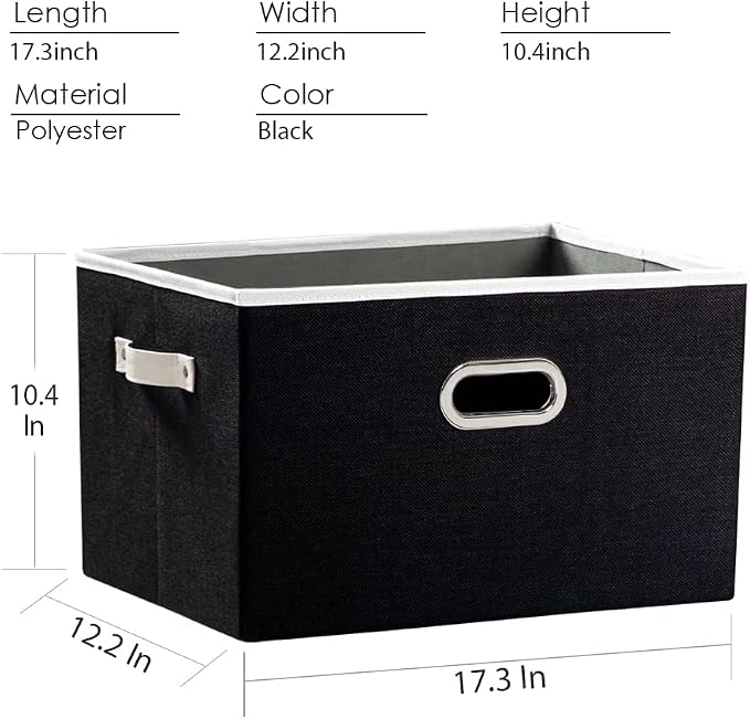 PRANDOM Larger Collapsible Storage Bins for Closet [5-pack] Decorative Linen Fabric Storage Baskets Cubes with Leather/Metal Handles for Living Room Black (17.3x12.2x10.4 Inch) - Image 5