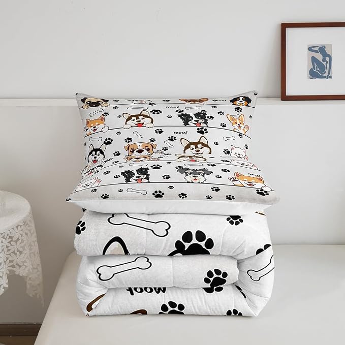 Manfei Cute Dog Pet Animals 3 Pcs Queen Size Comforter Set,Paw Print White Down Alternative Adults Room Decor,Cartoon Puppy Ultra Soft Microfiber Inner Fill 3Pcs Bedding - Image 5