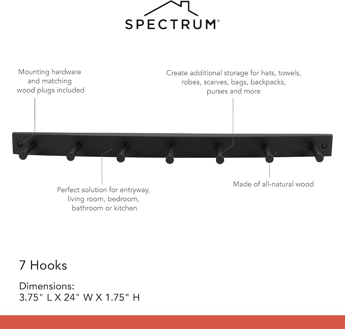 Spectrum Diversified Wood Hook Rack, 7 Peg, Black - Image 6