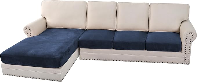 H.VERSAILTEX Velvet Stretch Sectional Couch Covers 4 Pieces Sofa Seat Cushion Covers L Shape Separate Cushion Couch Chaise Cover for Both Left/Right Couch (Large Sofa 3 Seater + 1 Chaise, Navy) by HVERSAILTEX