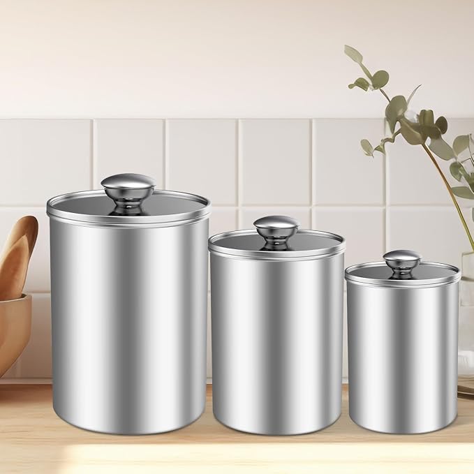 ENLOY Stainless Steel Food Storage Container Set of 3, 88/61/29 oz with Clear Glass Lids - Ideal for Coffee, Tea, Sugar, Flour Canisters - Image 6