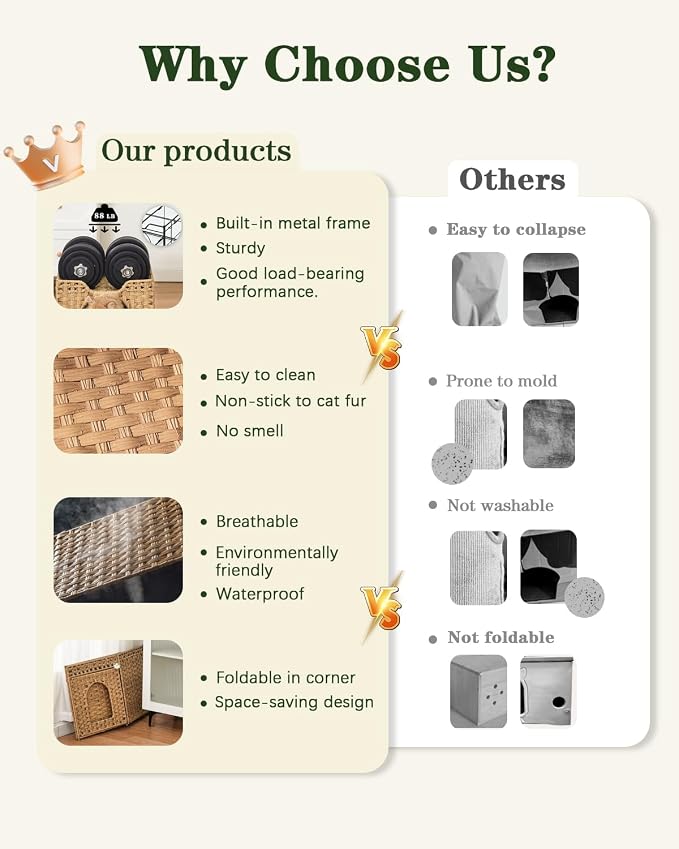 SETVSON Cat Beds Indoor Kitten House, Handwoven Rattan Cat Cave Pet Cube, Large Cat Houses, One Bed Mat, Foldable, Hideaway, 16.5x16.5x13.2 Inches, 2 S-Shaped Hooks in Living Room Bedroom Natural - Image 4