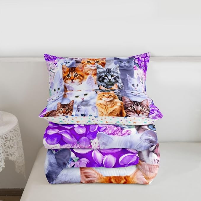 Feelyou Cartoon Cat Girls Comforter Set Pet Cats Kitten Bedding Set Kids Boys Cute Cat Floral Purple Bedding King Comforter Feline Animal Lovers Decor Warmth Soft Quilt with 2 Pillowcases 3Pcs Boys - Image 4
